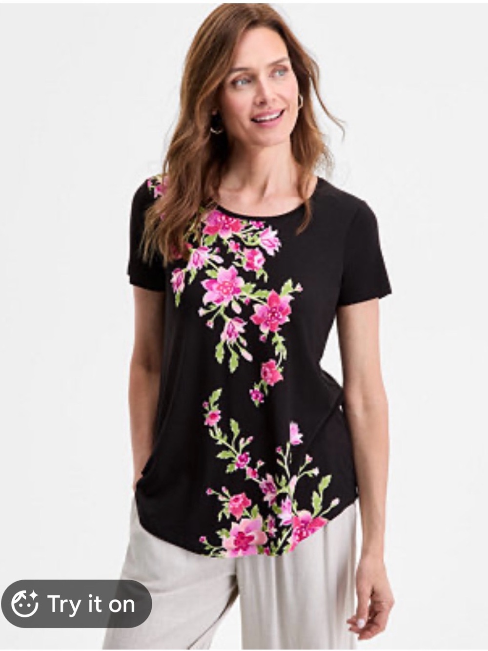 JM Collection Floral Short Sleeve Top XL Black Pink EUC